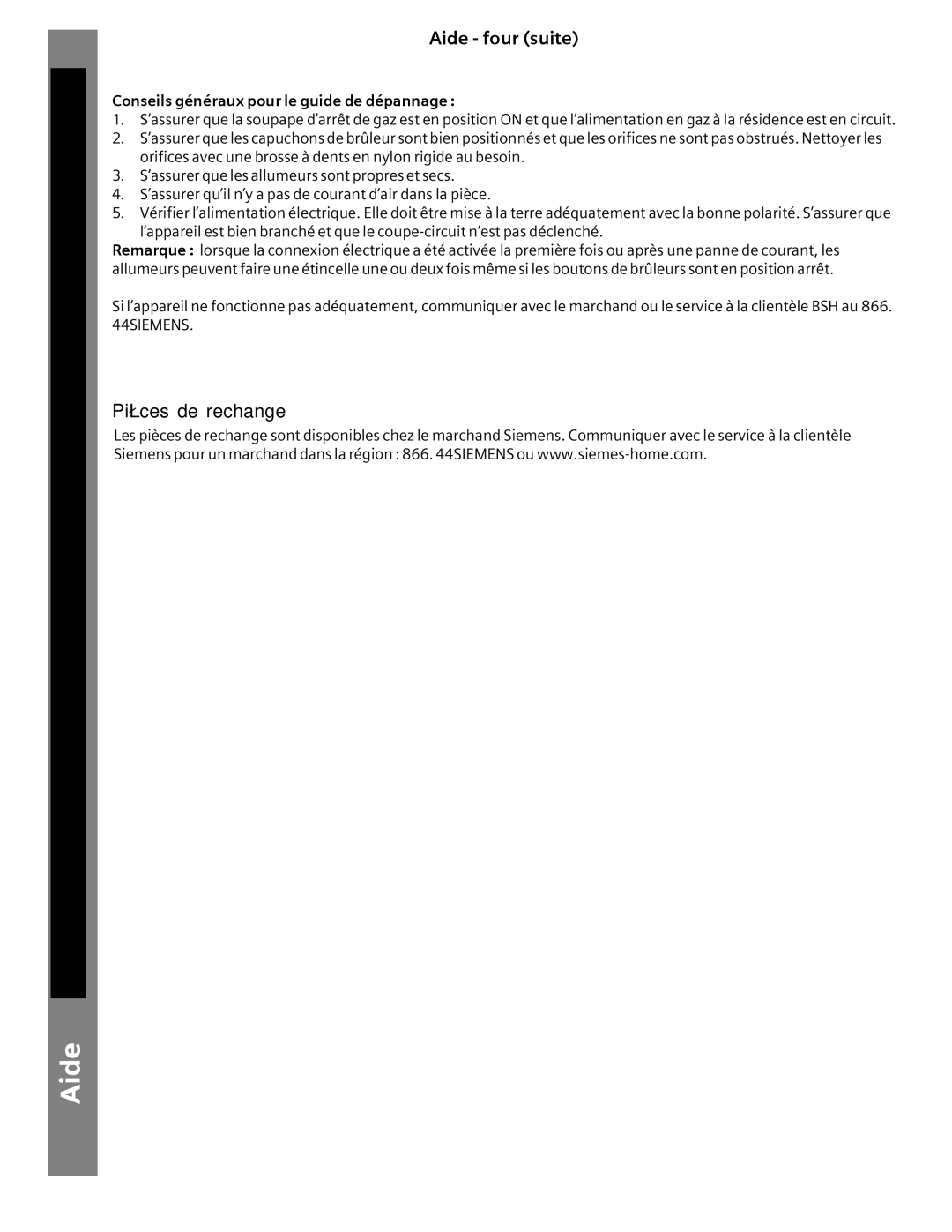 Siemens HG2516UC, HG2416UC, HG2515UC, HG2415UC Aide four suite, Conseils généraux pour le guide de dépannage 