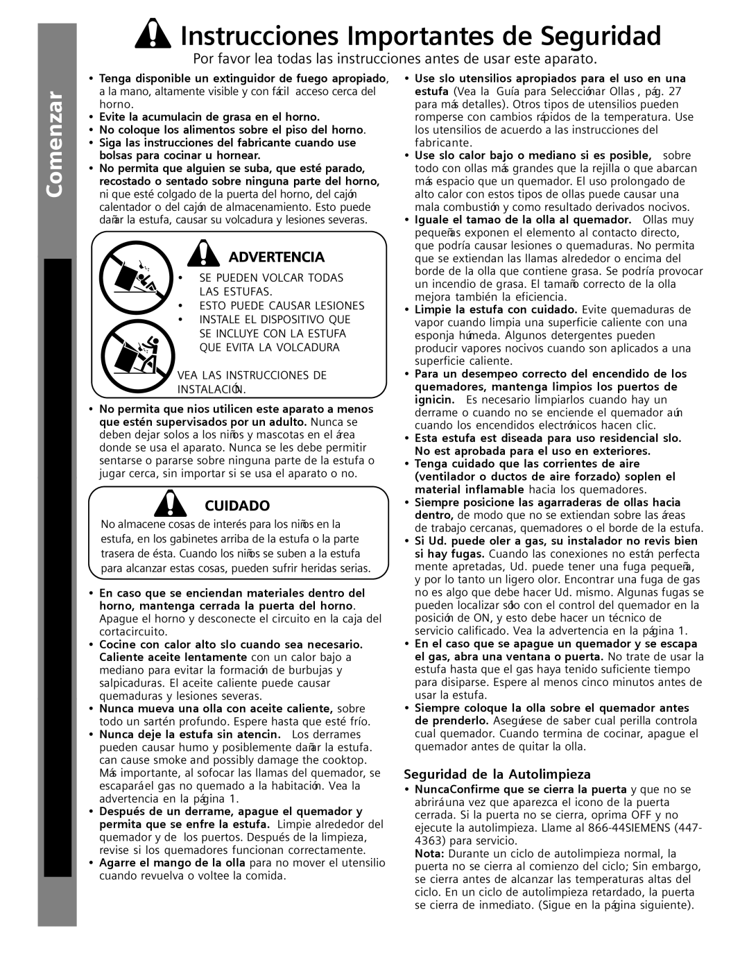 Siemens HG2515UC Comenzar Autoayuda Cuidado y Limpieza Usar La Estufa, Seguridad de la Autolimpieza, Para servicio 