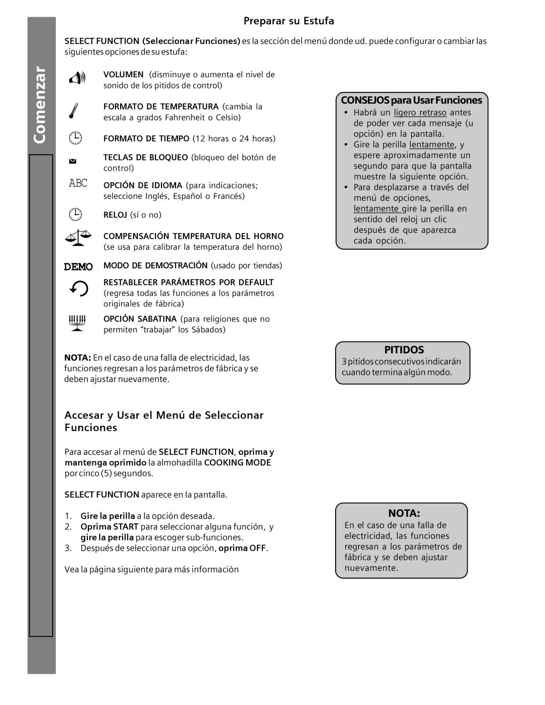 Siemens HG2515UC Pitidos, Accesar y Usar el Menú de Seleccionar Funciones, Nota, Compensación Temperatura DEL Horno 