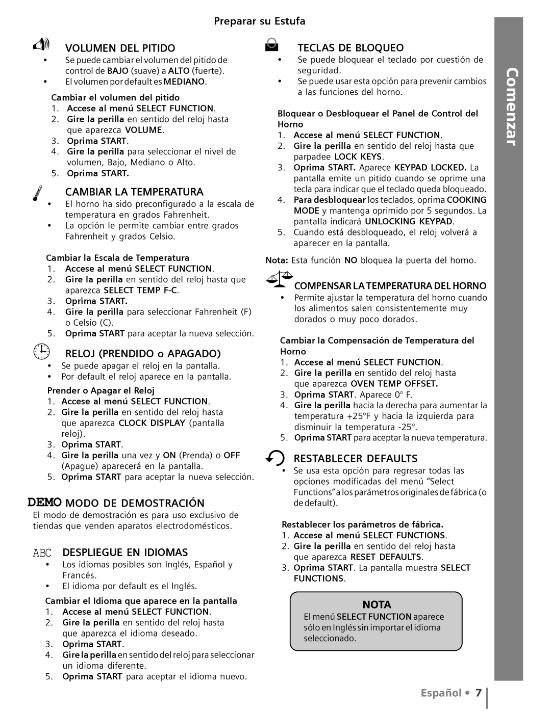 Siemens HG2415UC, HG2516UC Volumen DEL Pitido, Cambiar LA Temperatura, Modo DE Demostración, Despliegue EN Idiomas 