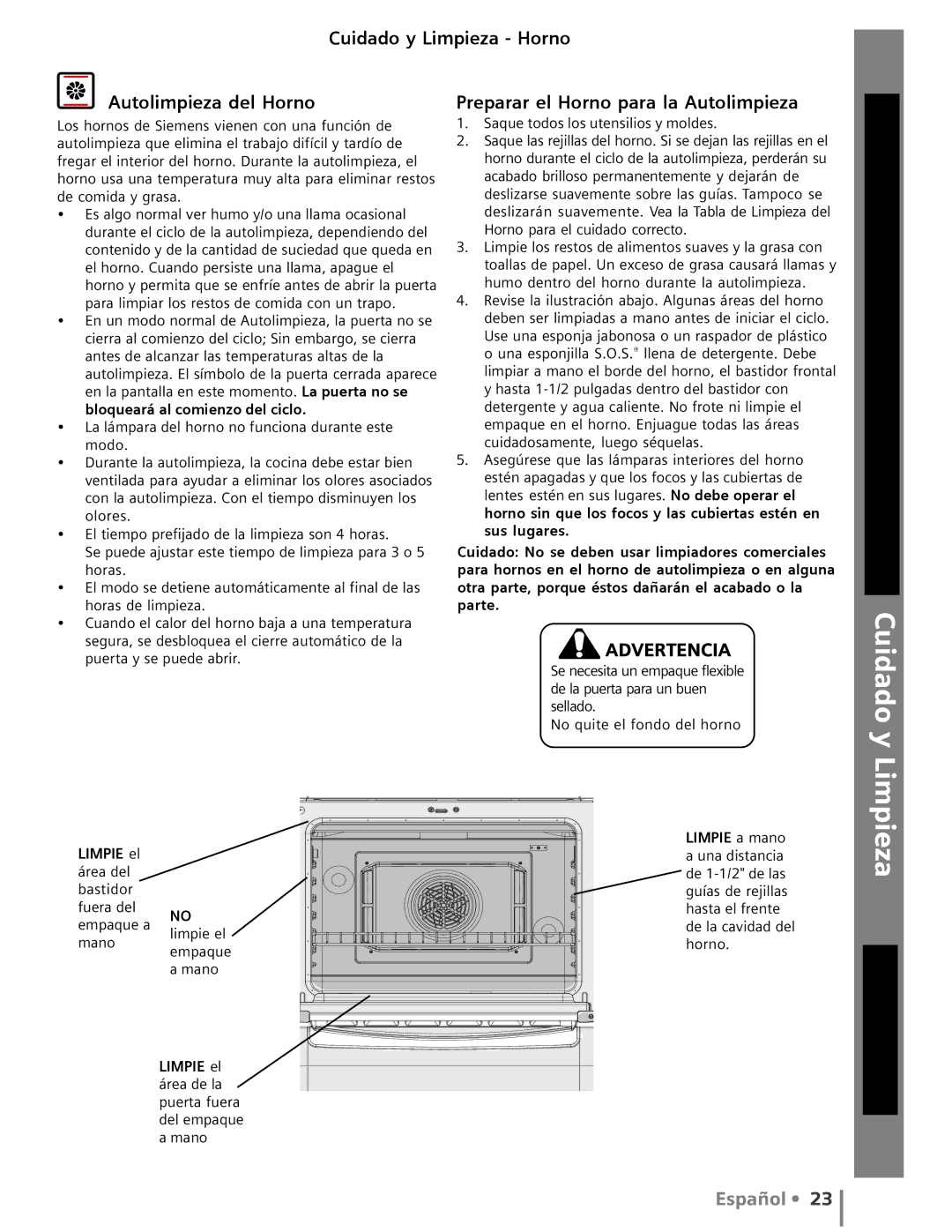 Siemens HG2415UC, HG2516UC Cuidado y Limpieza Horno Autolimpieza del Horno, Preparar el Horno para la Autolimpieza 