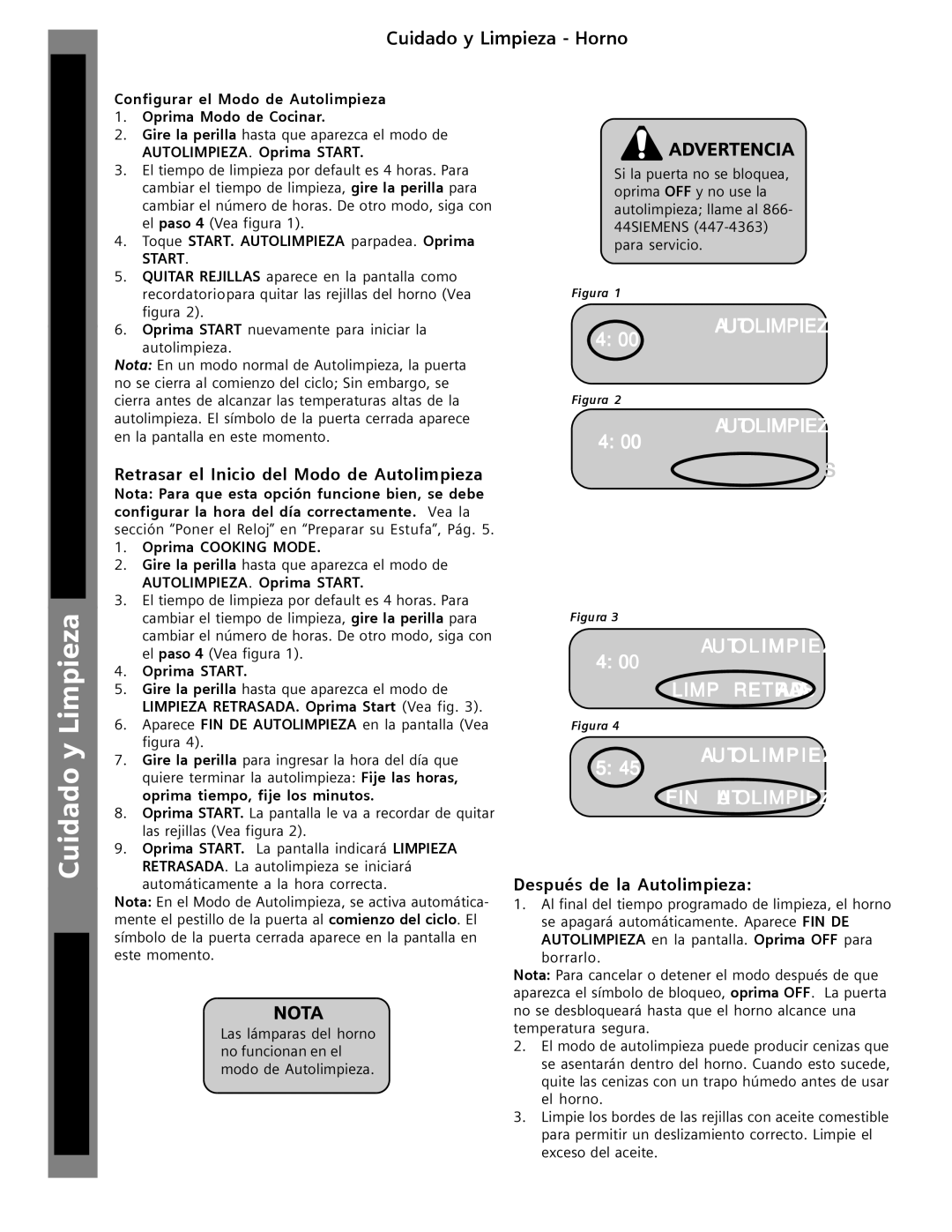 Siemens HG2516UC Estufa, Cuidado y Autoayuda, Cuidado y Limpieza Horno, Retrasar el Inicio del Modo de Autolimpieza 