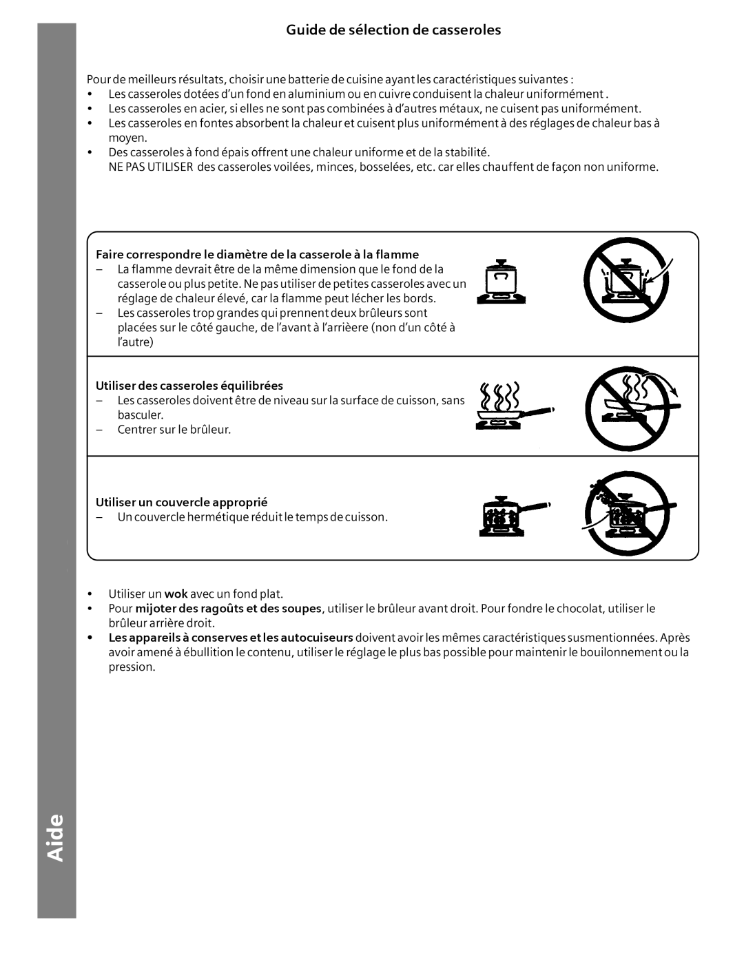 Siemens HG2516UC, HG2416UC Guide de sélection de casseroles, Entretien et nettoyage Surface de cuisson Mise en oeuvre Aide 