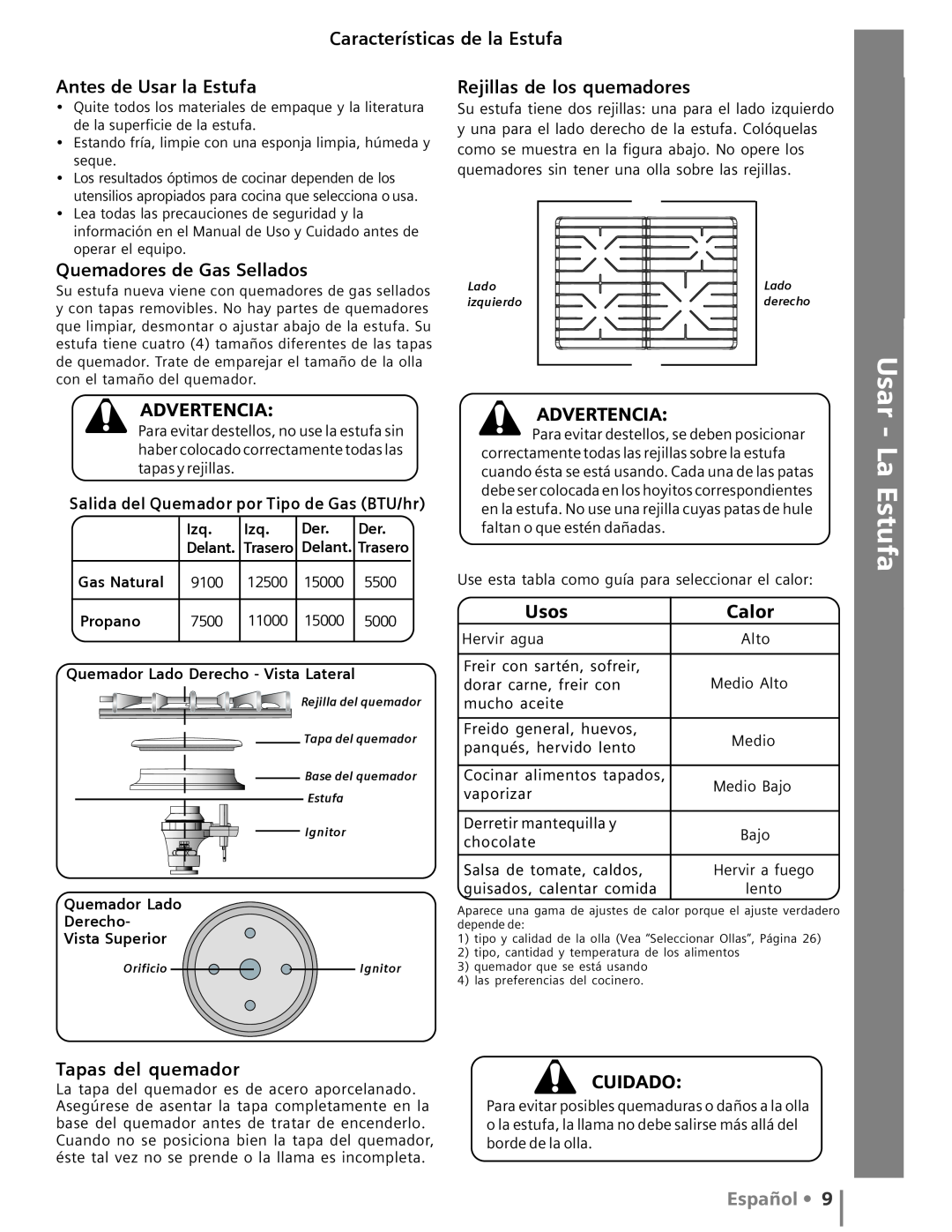 Siemens HG2416UC La Estufa Cuidado y Limpieza, Autoayuda, Características de la Estufa, Antes de Usar la Estufa, Usos 