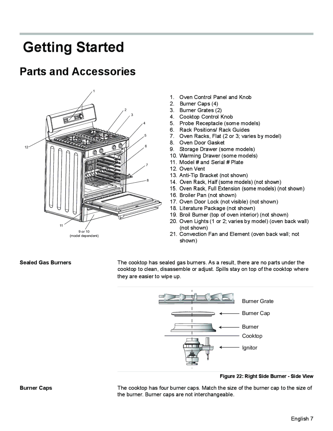 Siemens HG2425UC, HG2528UC manual Getting Started, Parts and Accessories, Sealed Gas Burners Burner Caps 