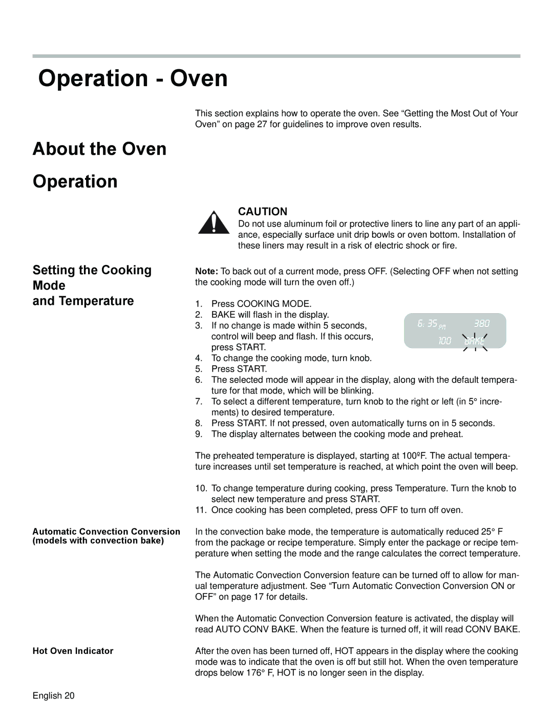 Siemens HG2528UC, HG2425UC manual Operation Oven, Setting the Cooking Mode Temperature 