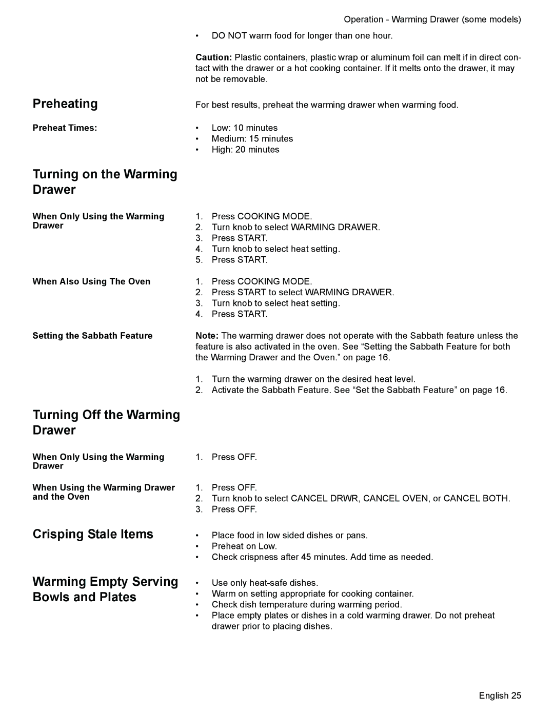 Siemens HG2425UC, HG2528UC Preheating, Turning on the Warming Drawer, Turning Off the Warming Drawer, Crisping Stale Items 