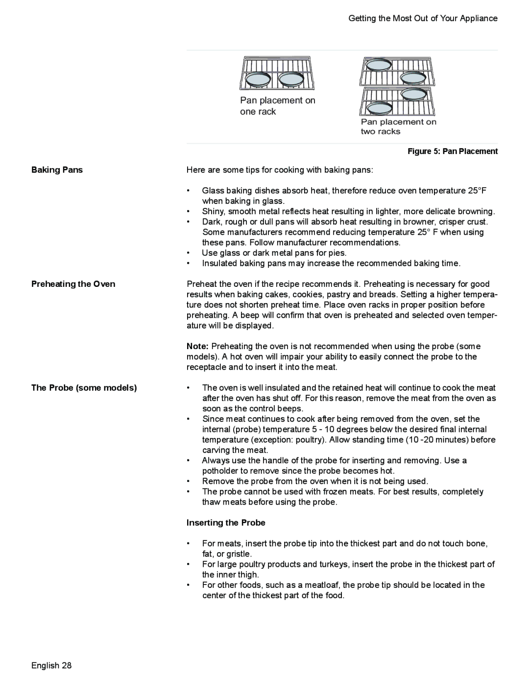 Siemens HG2528UC, HG2425UC manual Baking Pans, Preheating the Oven, Probe some models, Inserting the Probe 