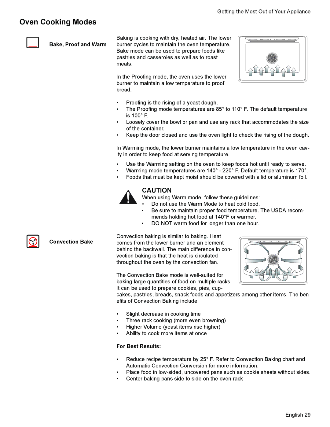 Siemens HG2425UC, HG2528UC manual Oven Cooking Modes, For Best Results 