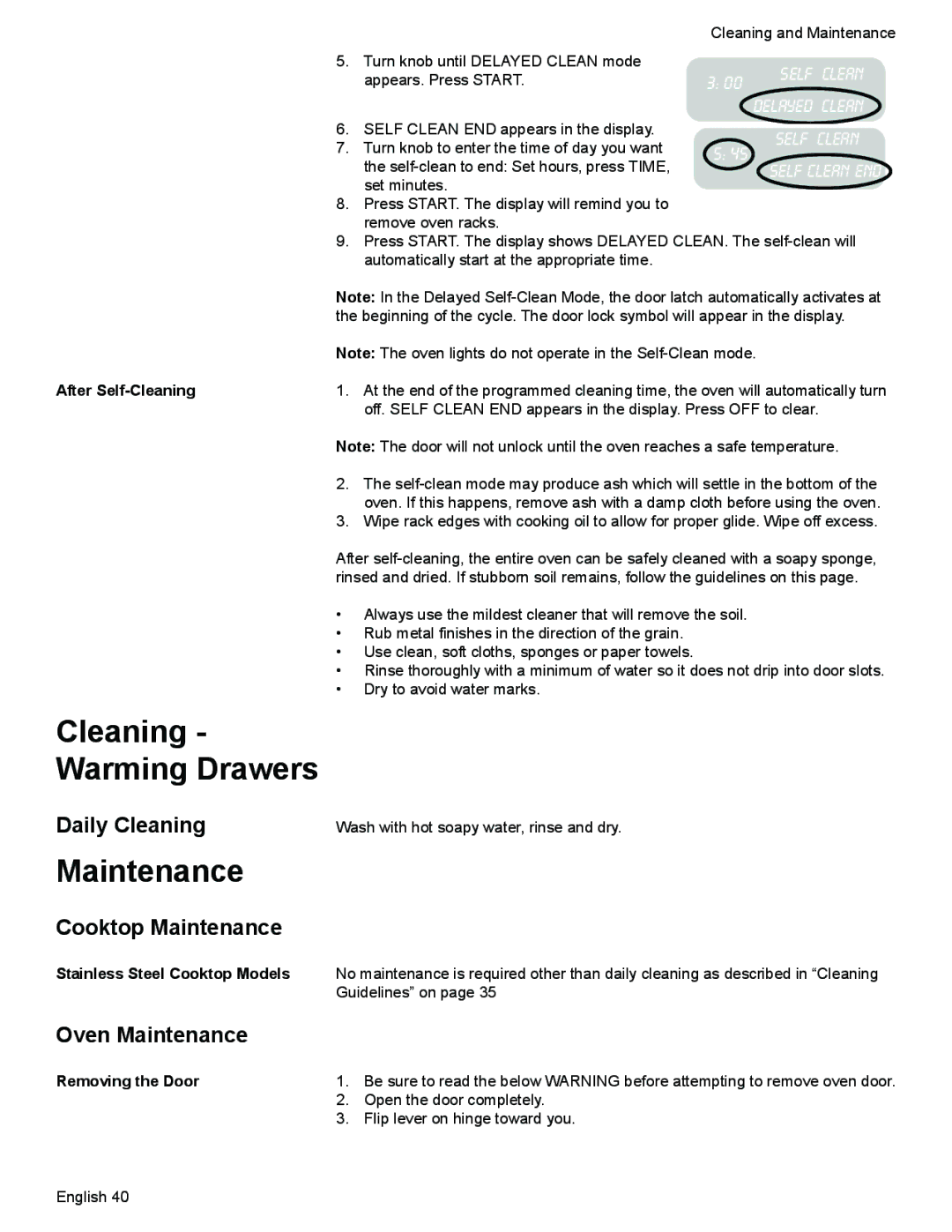 Siemens HG2528UC, HG2425UC manual Cleaning Warming Drawers, Cooktop Maintenance, Oven Maintenance 