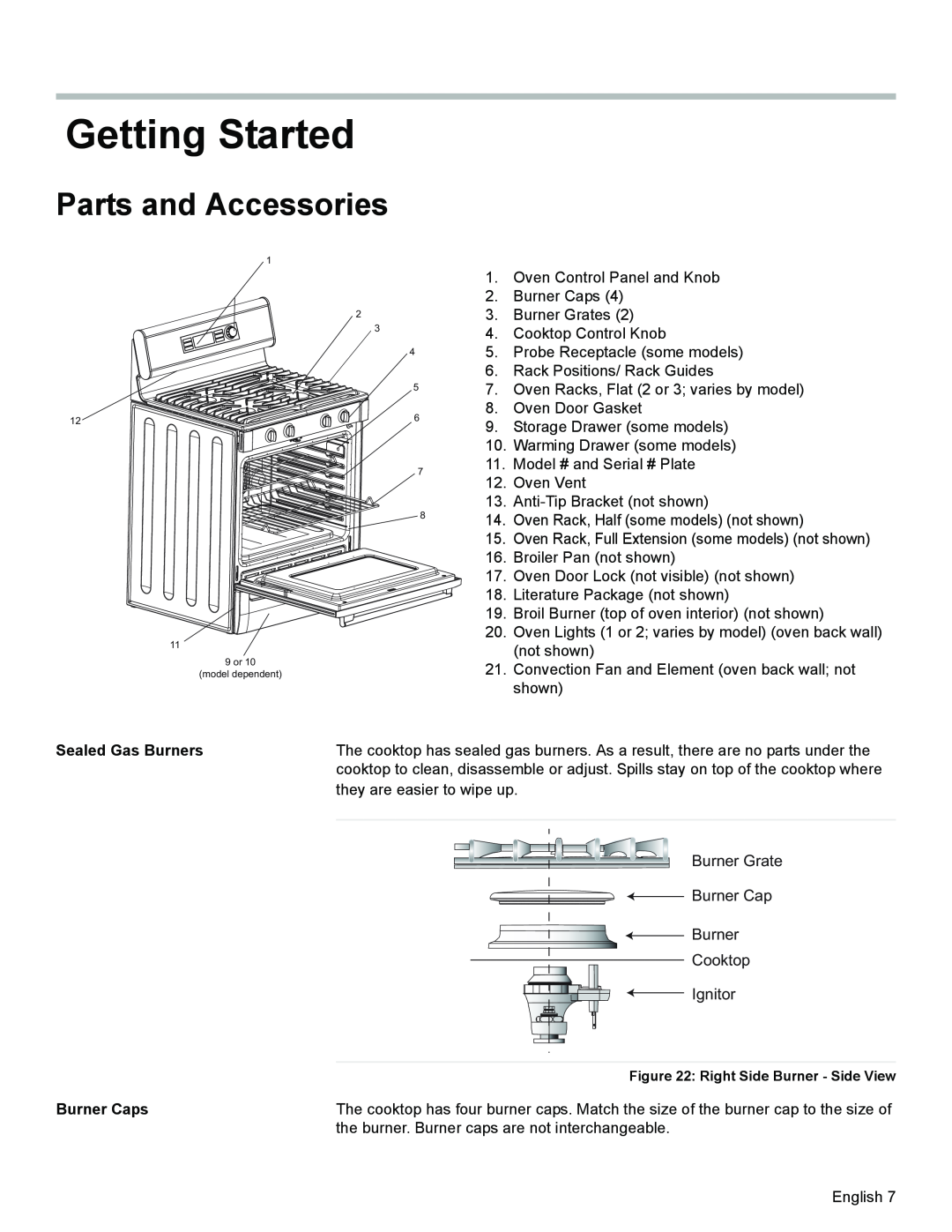 Siemens HG2425UC, HG2528UC manual Getting Started, Parts and Accessories, Sealed Gas Burners Burner Caps 