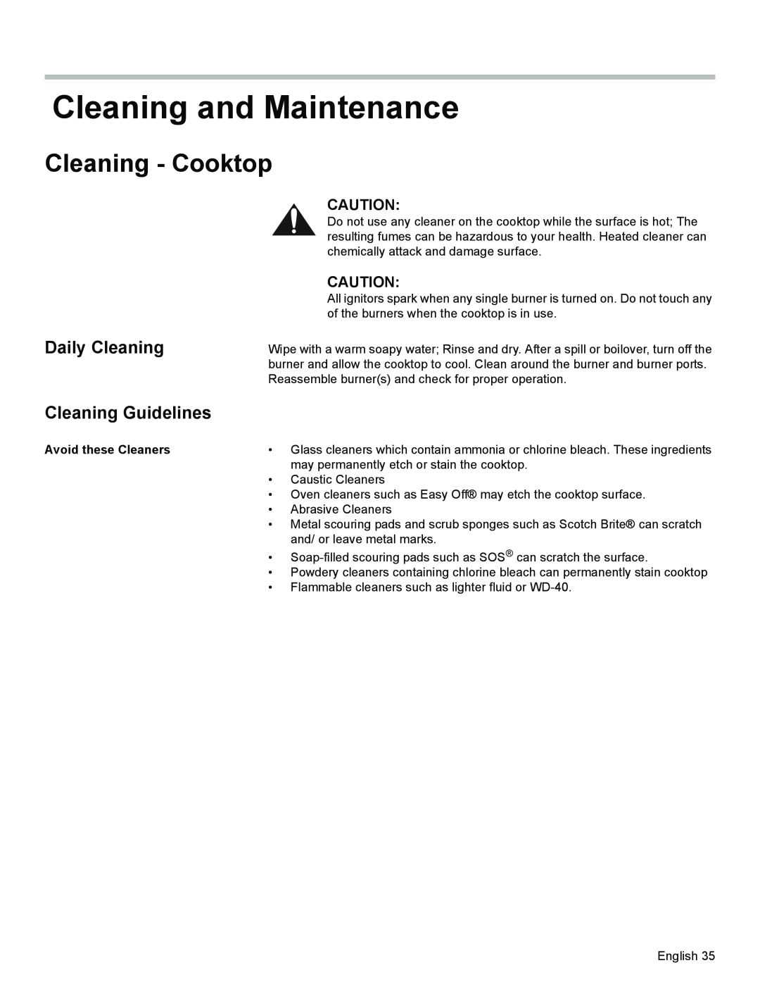 Siemens HG2425UC Cleaning and Maintenance, Cleaning - Cooktop, Daily Cleaning, Cleaning Guidelines, Avoid these Cleaners 