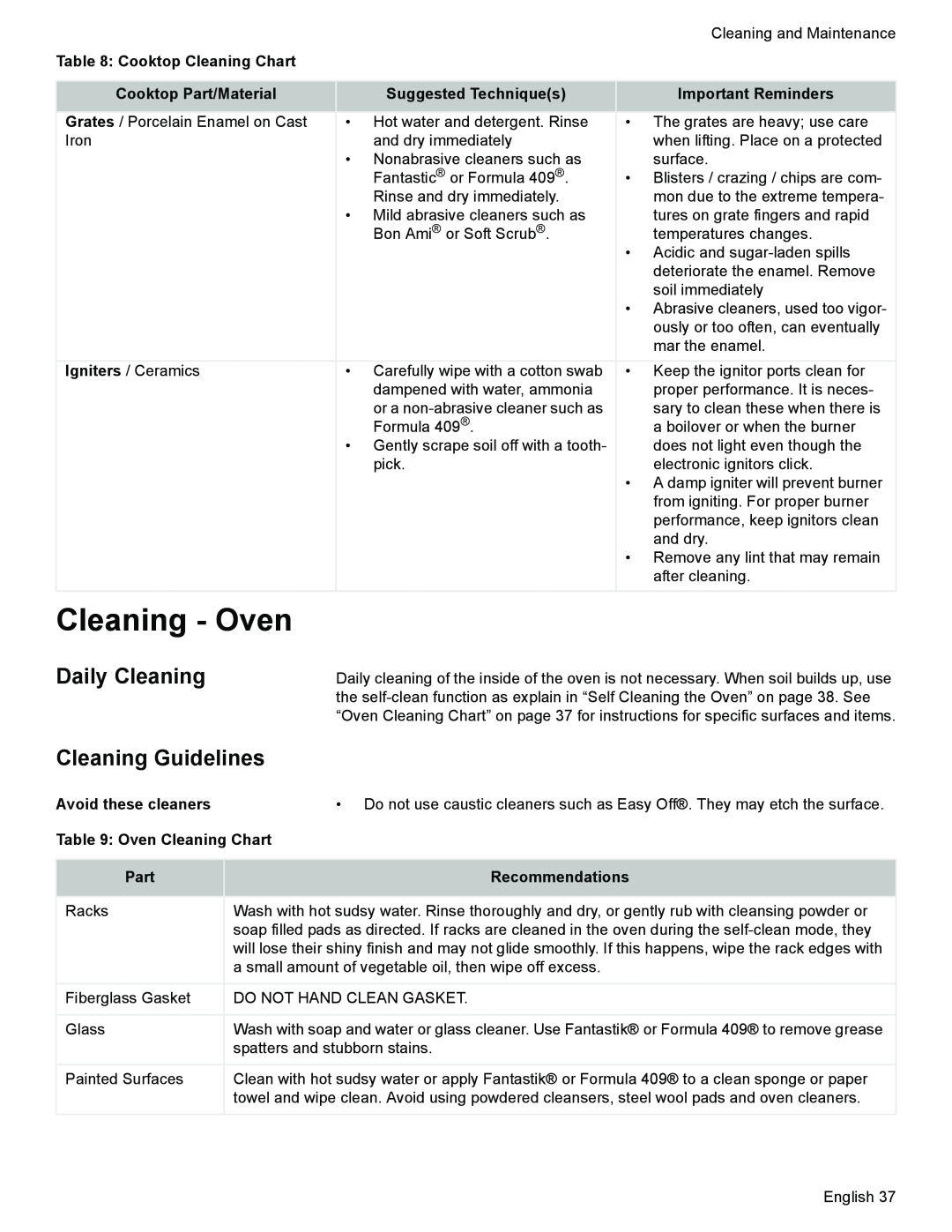 Siemens HG2425UC manual Cleaning - Oven, Avoid these cleaners, Oven Cleaning Chart, Part, Recommendations, Daily Cleaning 