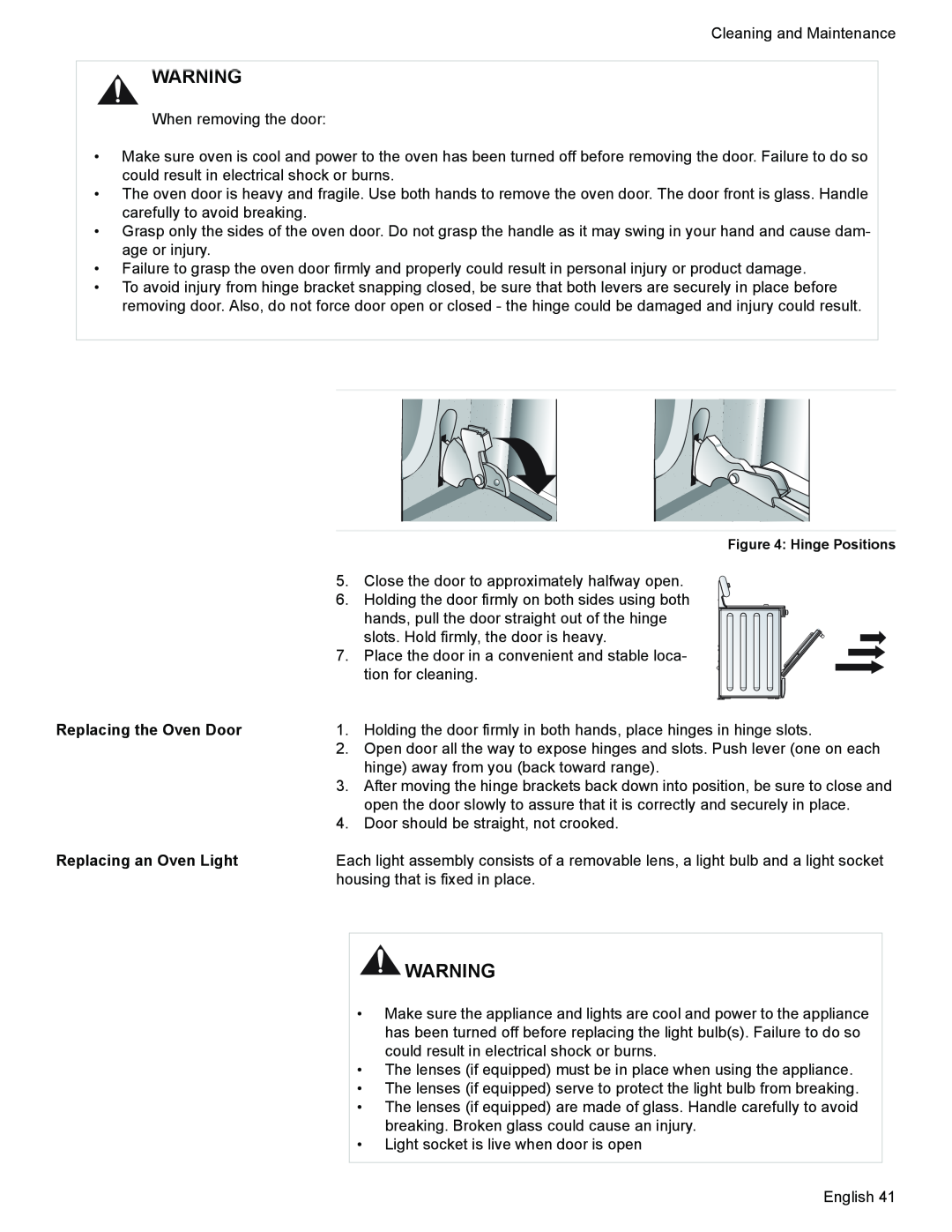 Siemens HG2425UC, HG2528UC manual Replacing the Oven Door, Replacing an Oven Light, Hinge Positions 