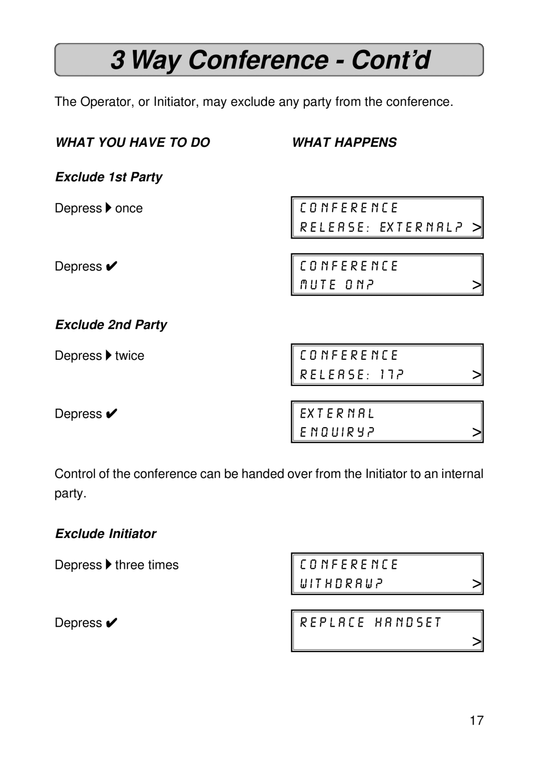 Siemens Hicom 118 manual Way Conference Cont’d, Exclude 1st Party, Exclude 2nd Party, Exclude Initiator 