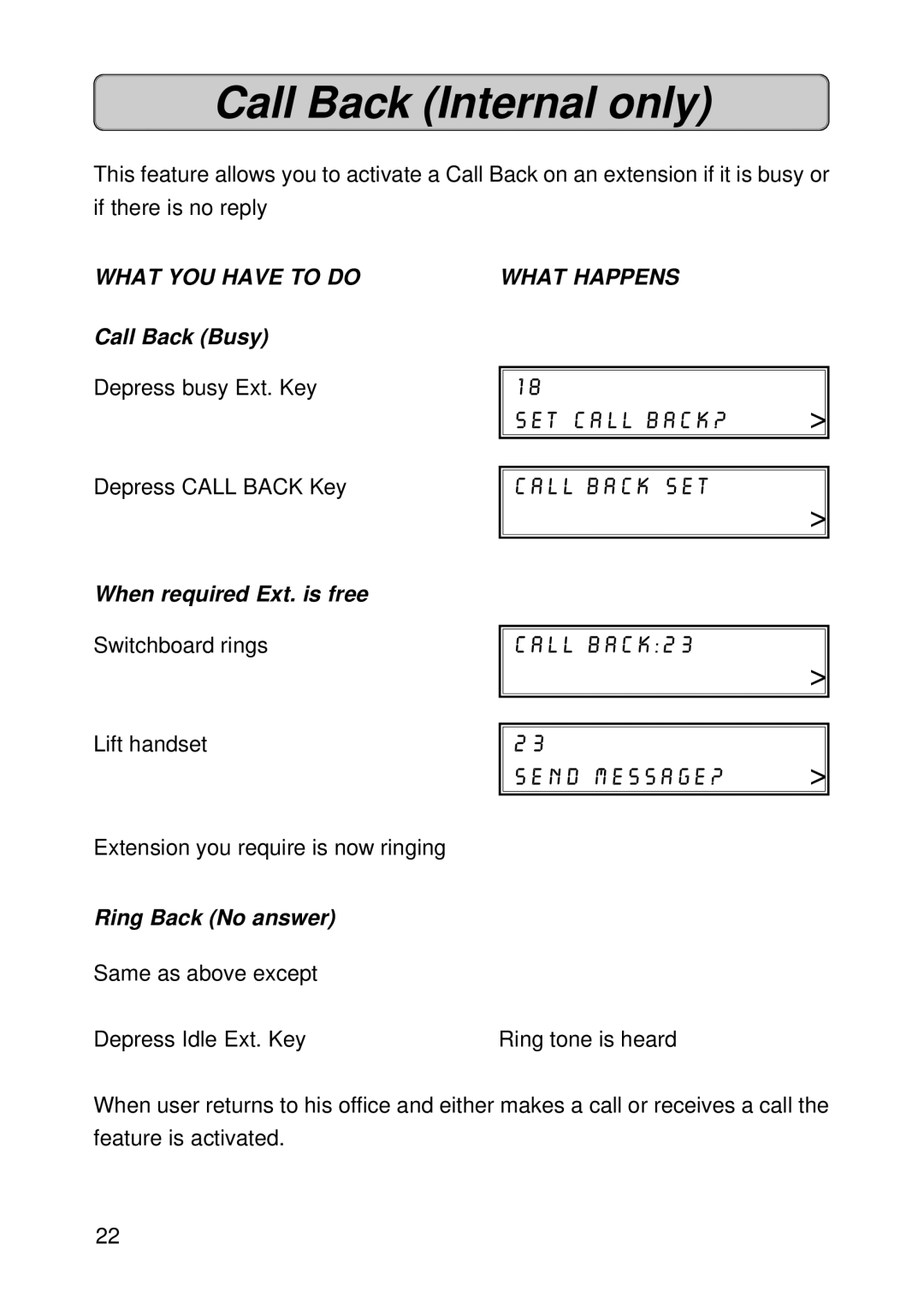 Siemens Hicom 118 manual Call Back Internal only, Call Back Busy, When required Ext. is free, Ring Back No answer 