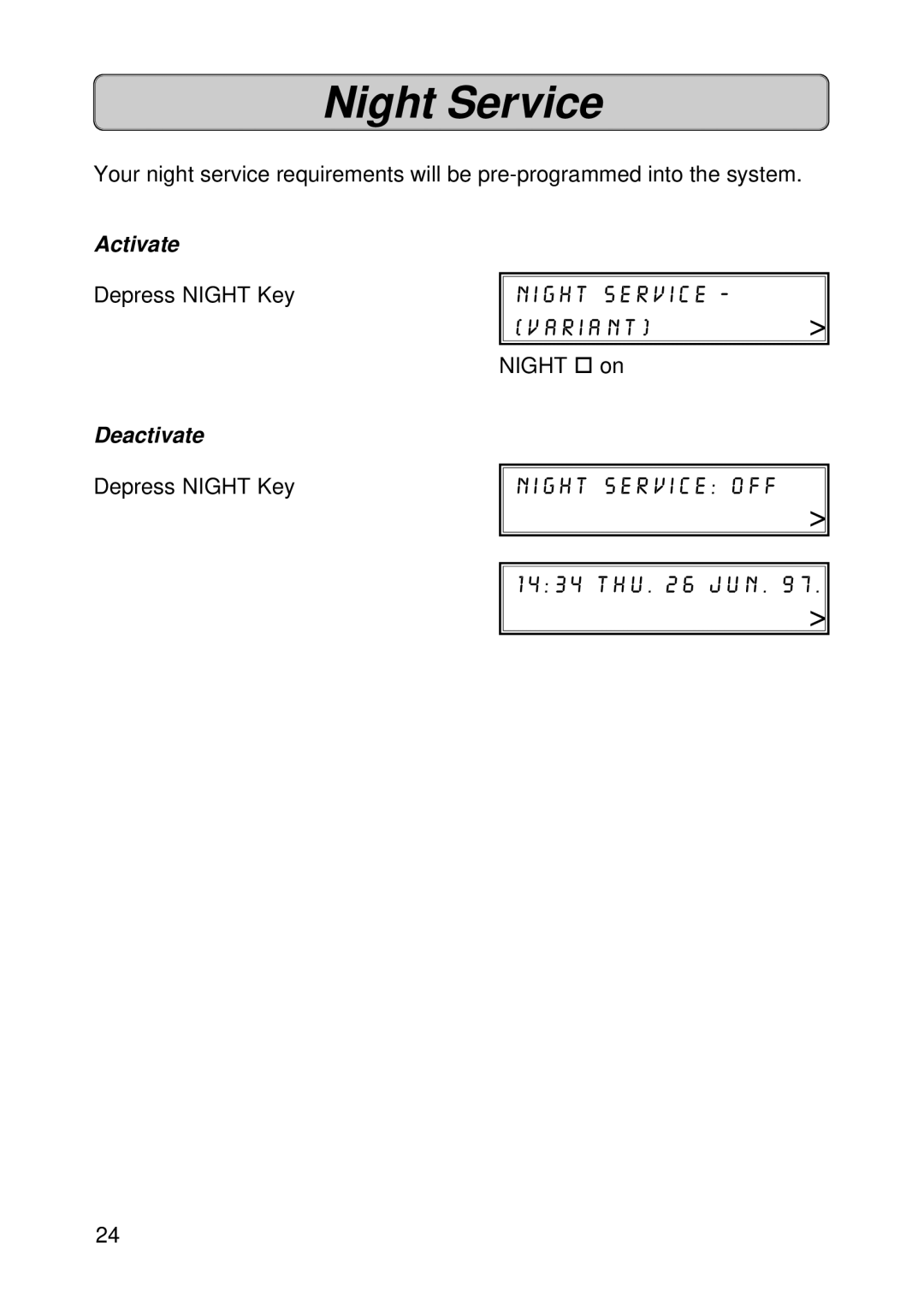 Siemens Hicom 118 manual Night Service, Activate Depress Night Key, Night o on Deactivate 