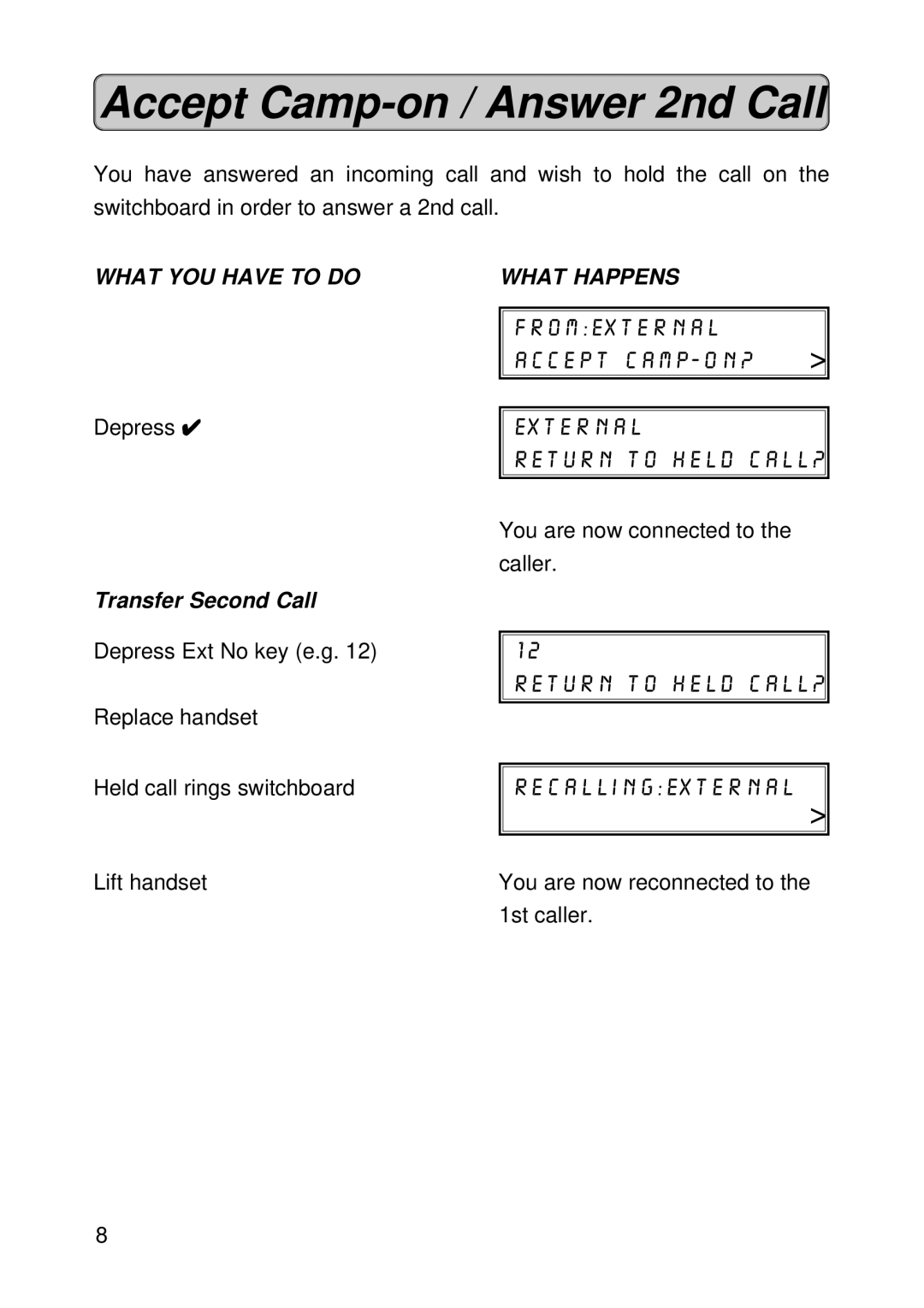 Siemens Hicom 118 manual Accept Camp-on / Answer 2nd Call, Transfer Second Call 