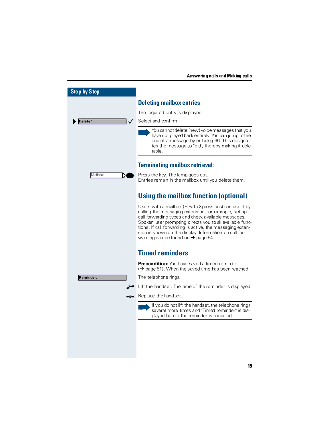 Siemens Hicom 300 E, Hicom 300 H manual Timed reminders, Deleting mailbox entries, Terminating mailbox retrieval 