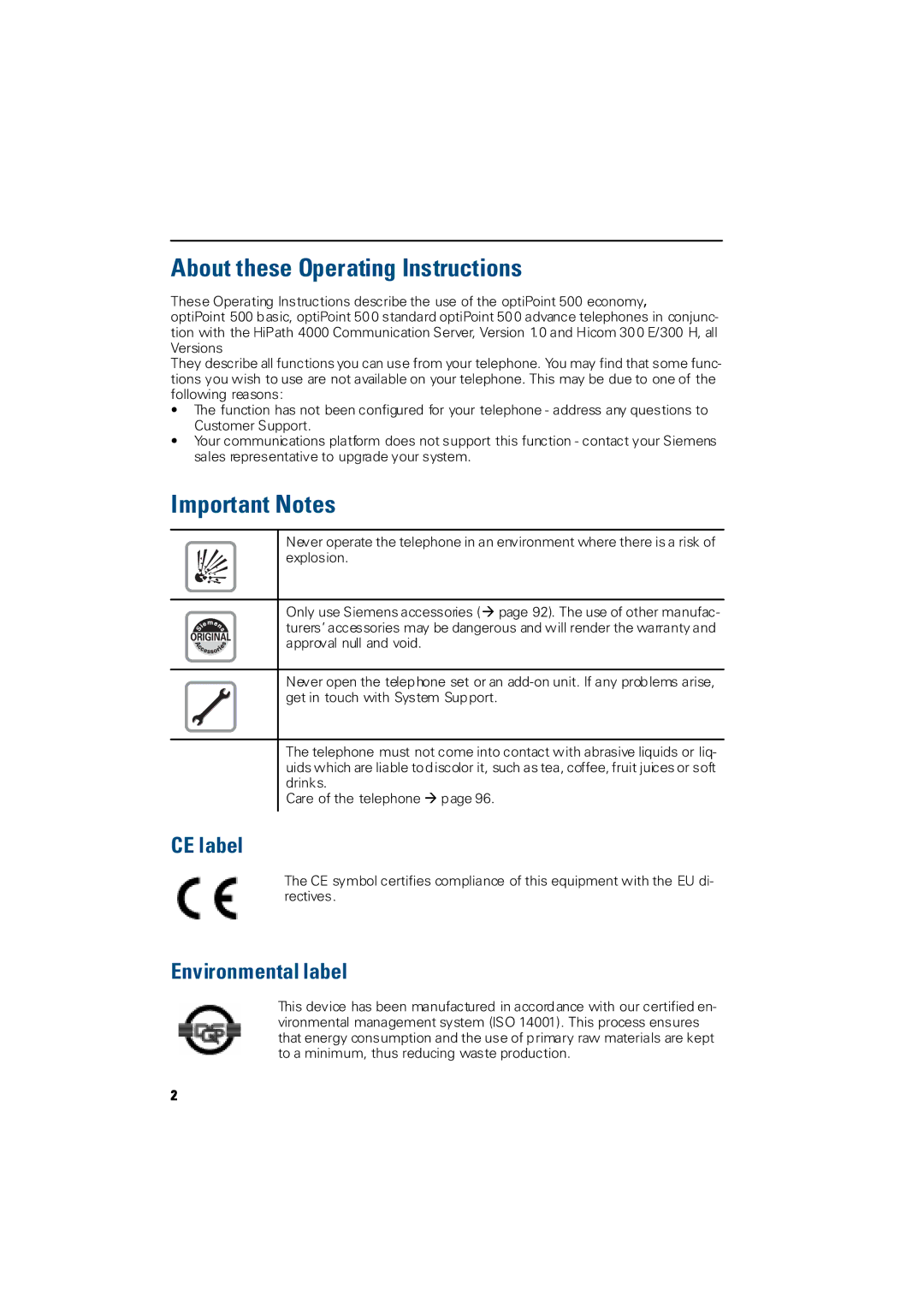 Siemens Hicom 300 H, Hicom 300 E manual About these Operating Instructions, Important Notes, CE label, Environmental label 