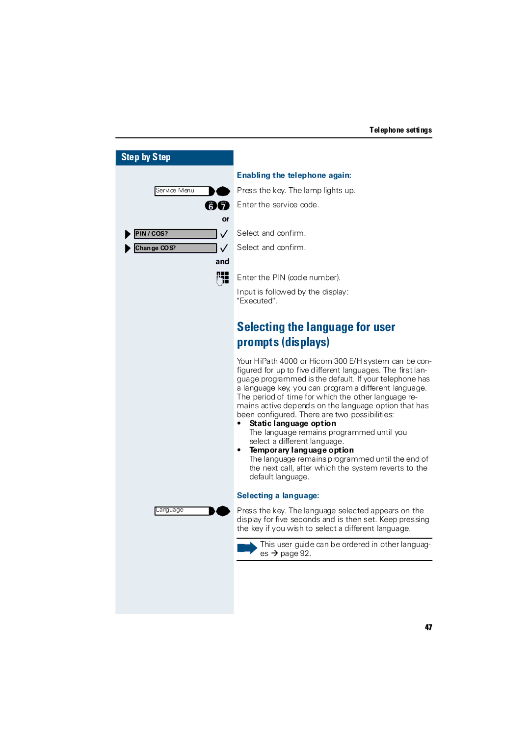 Siemens Hicom 300 E Selecting the language for user prompts displays, Enabling the telephone again, Selecting a language 