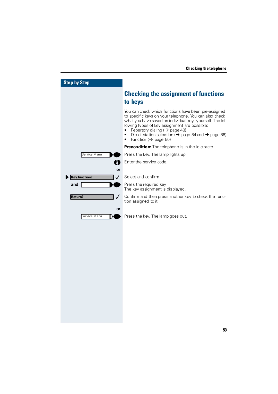 Siemens Hicom 300 E, Hicom 300 H manual Checking the assignment of functions to keys 