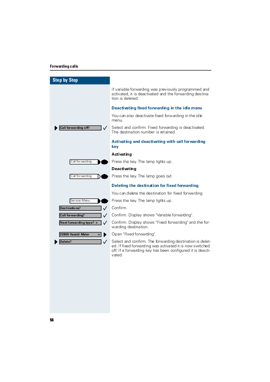 Siemens Hicom 300 H Deactivating fixed forwarding in the idle menu, Activating and deactivating with call forwarding key 