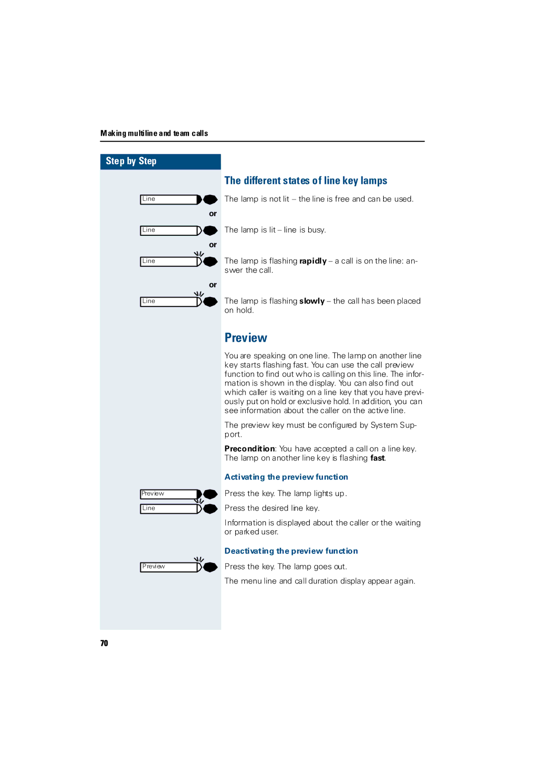 Siemens Hicom 300 H, Hicom 300 E manual Preview, Different states of line key lamps, Activating the preview function 