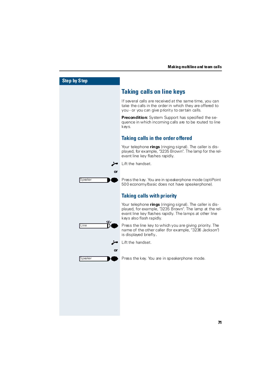 Siemens Hicom 300 E, Hicom 300 H Taking calls on line keys, Taking calls in the order offered, Taking calls with priority 