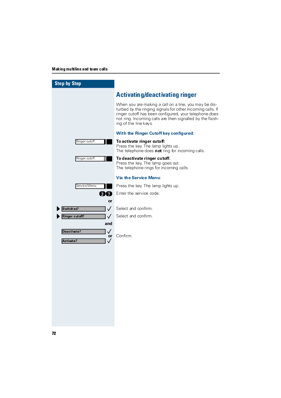 Siemens Hicom 300 H manual Activating/deactivating ringer, With the Ringer Cutoff key configured, Via the Service Menu 