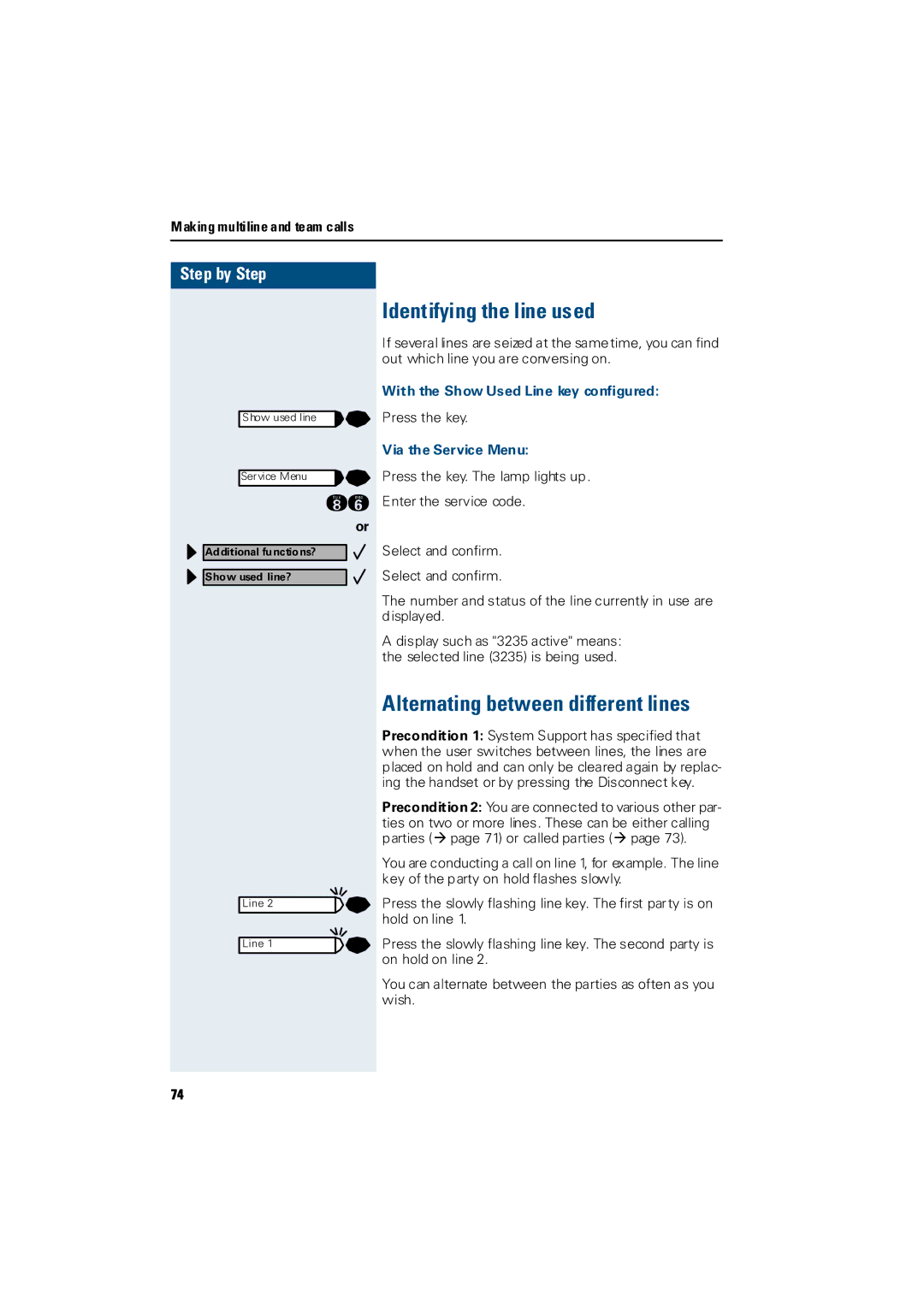 Siemens Hicom 300 H Identifying the line used, Alternating between different lines, With the Show Used Line key configured 