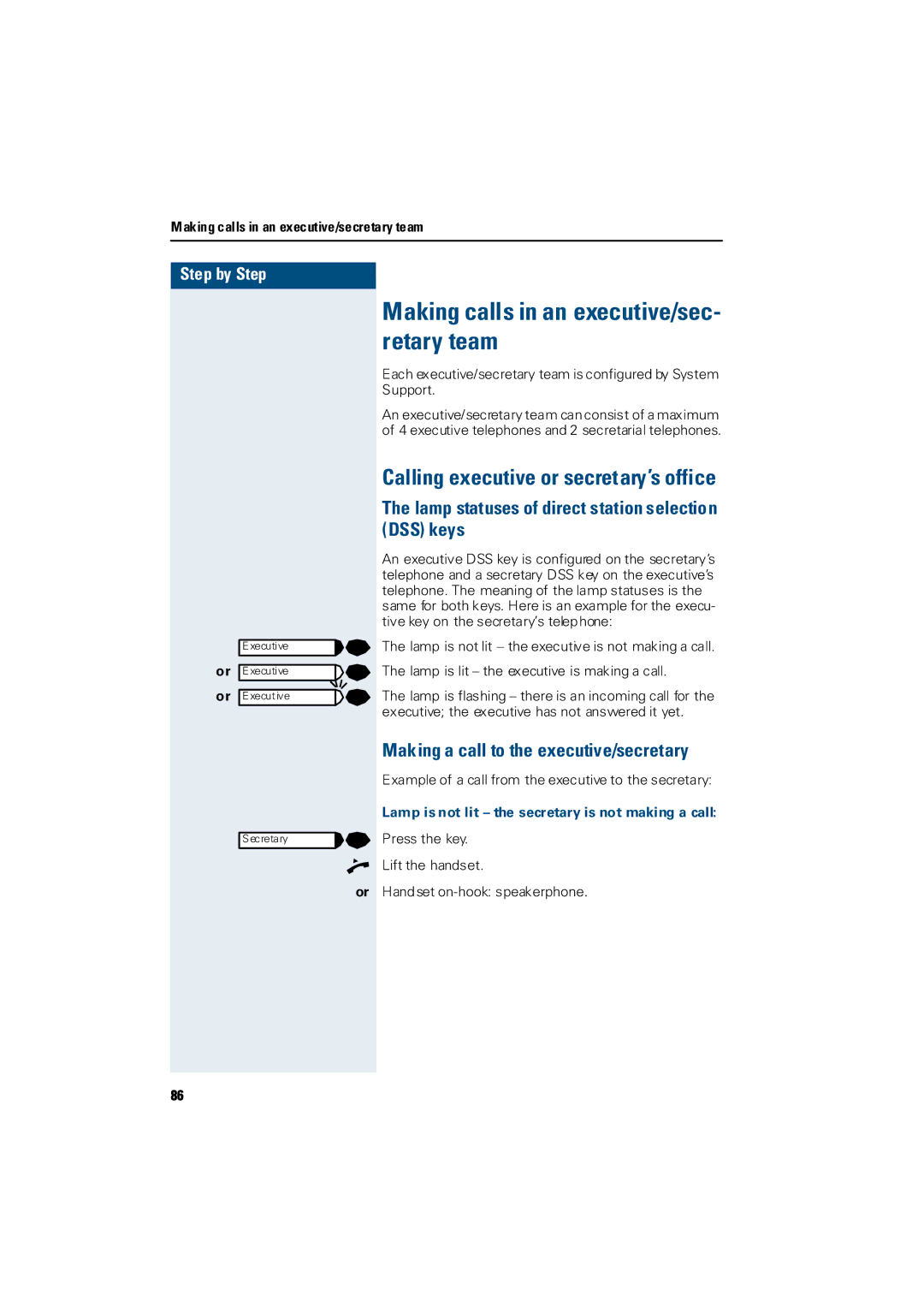 Siemens Hicom 300 H, Hicom 300 E Making calls in an executive/sec- retary team, Calling executive or secretary’s office 