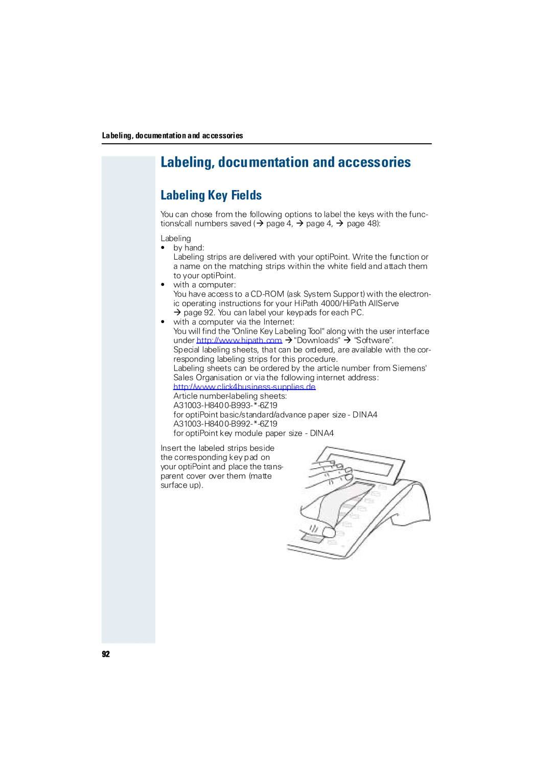 Siemens Hicom 300 H, Hicom 300 E manual Labeling, documentation and accessories, Labeling Key Fields 