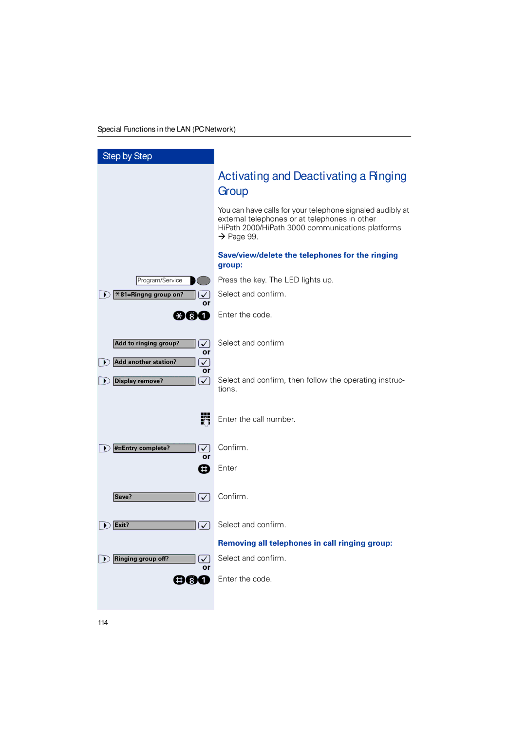 Siemens HIPATH 2000 Activating and Deactivating a Ringing Group, Save/view/delete the telephones for the ringing group 