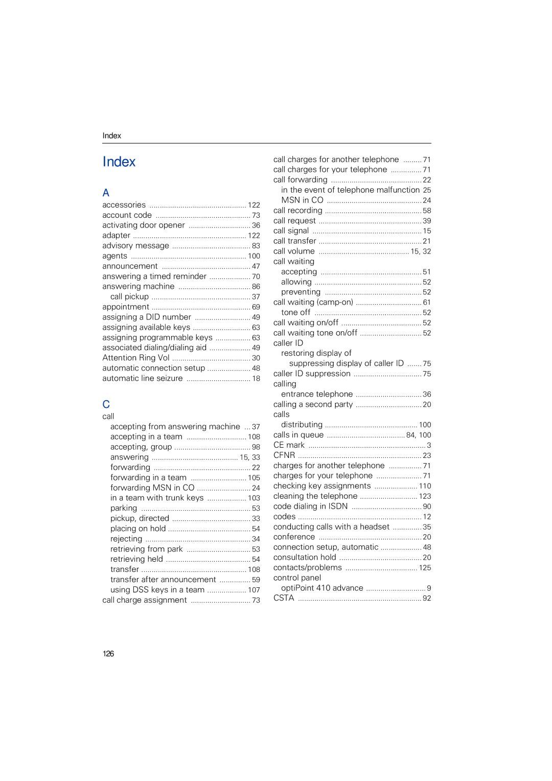 Siemens HIPATH 2000, HIPATH 5000, HIPATH 3000 operating instructions Index, Call 