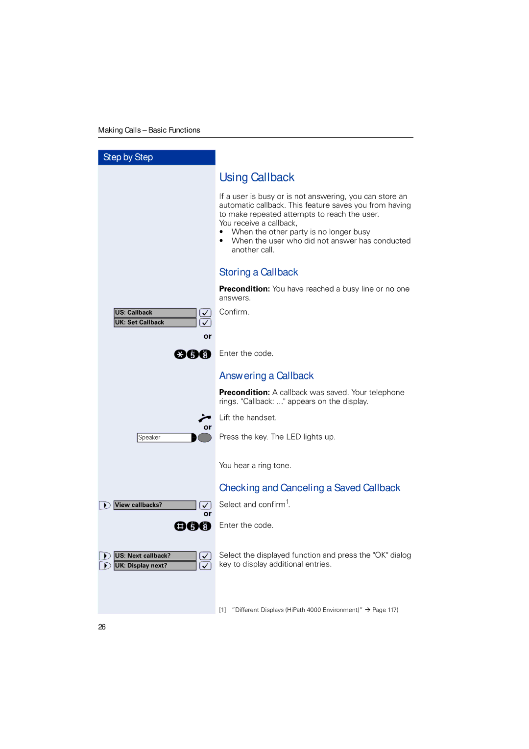 Siemens HIPATH 3000 Using Callback, Storing a Callback, Answering a Callback, Checking and Canceling a Saved Callback 