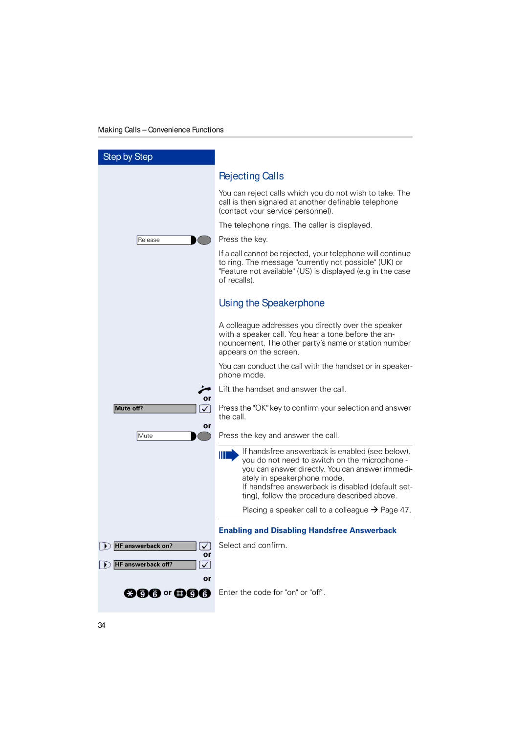 Siemens HIPATH 5000, HIPATH 2000 Rejecting Calls, Using the Speakerphone, Enabling and Disabling Handsfree Answerback 