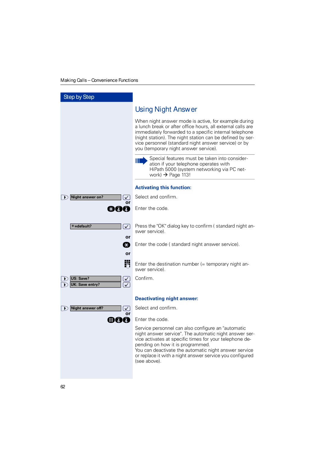 Siemens HIPATH 3000, HIPATH 2000, HIPATH 5000 Using Night Answer, Activating this function, Deactivating night answer 