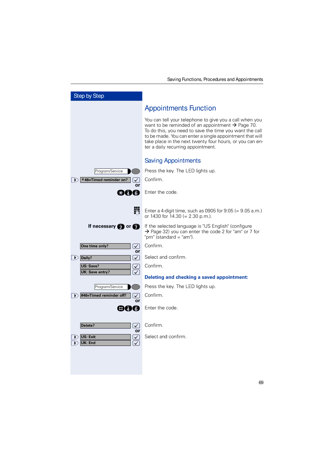 Siemens HIPATH 2000, HIPATH 5000 Appointments Function, Saving Appointments, Deleting and checking a saved appointment 