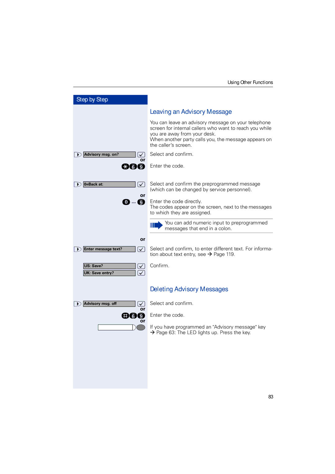 Siemens HIPATH 3000, HIPATH 2000, HIPATH 5000 operating instructions Leaving an Advisory Message, Deleting Advisory Messages 