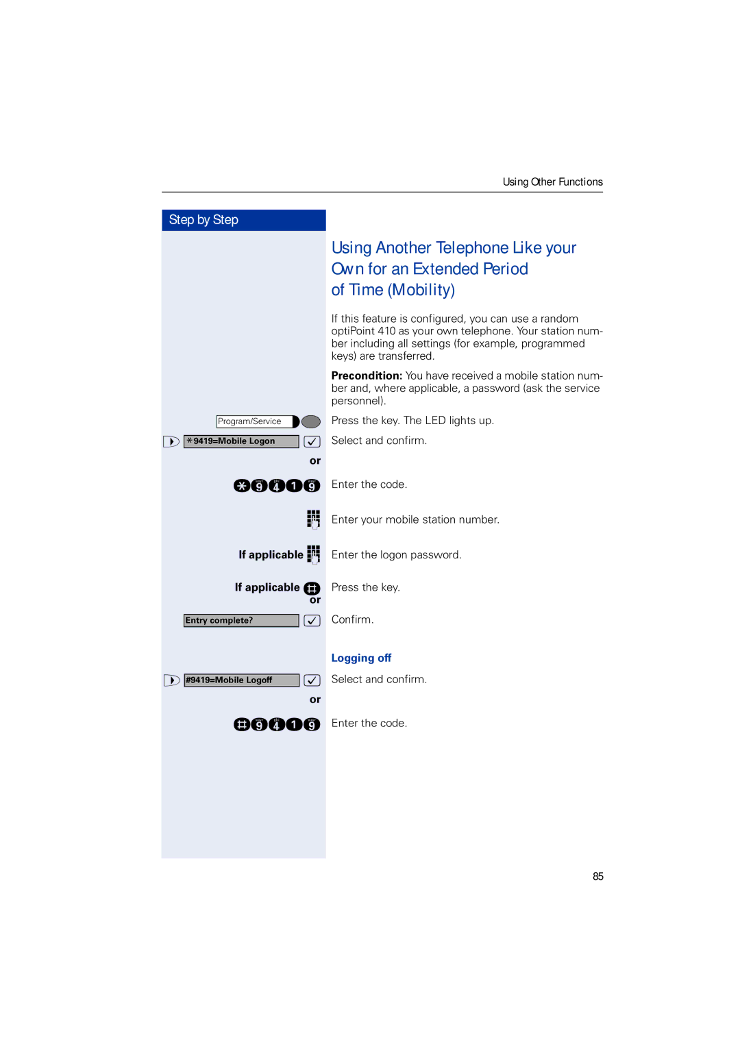 Siemens HIPATH 5000, HIPATH 2000, HIPATH 3000 operating instructions Time Mobility, Logging off 