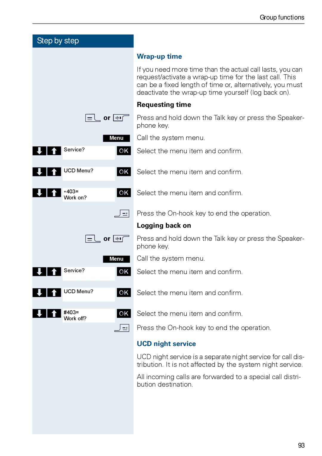 Siemens HiPath 500, HIPATH 3000 operating instructions Wrap-up time, Requesting time, Logging back on, UCD night service 