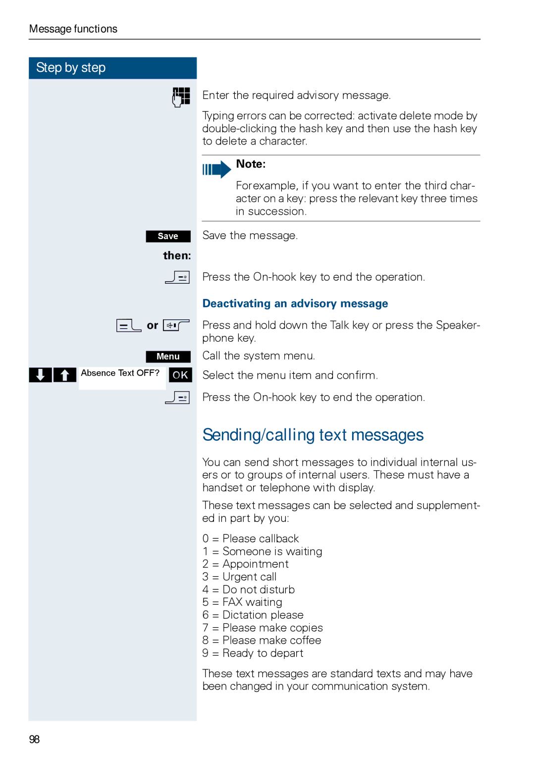 Siemens HIPATH 3000, HiPath 500 operating instructions Sending/calling text messages, Deactivating an advisory message 