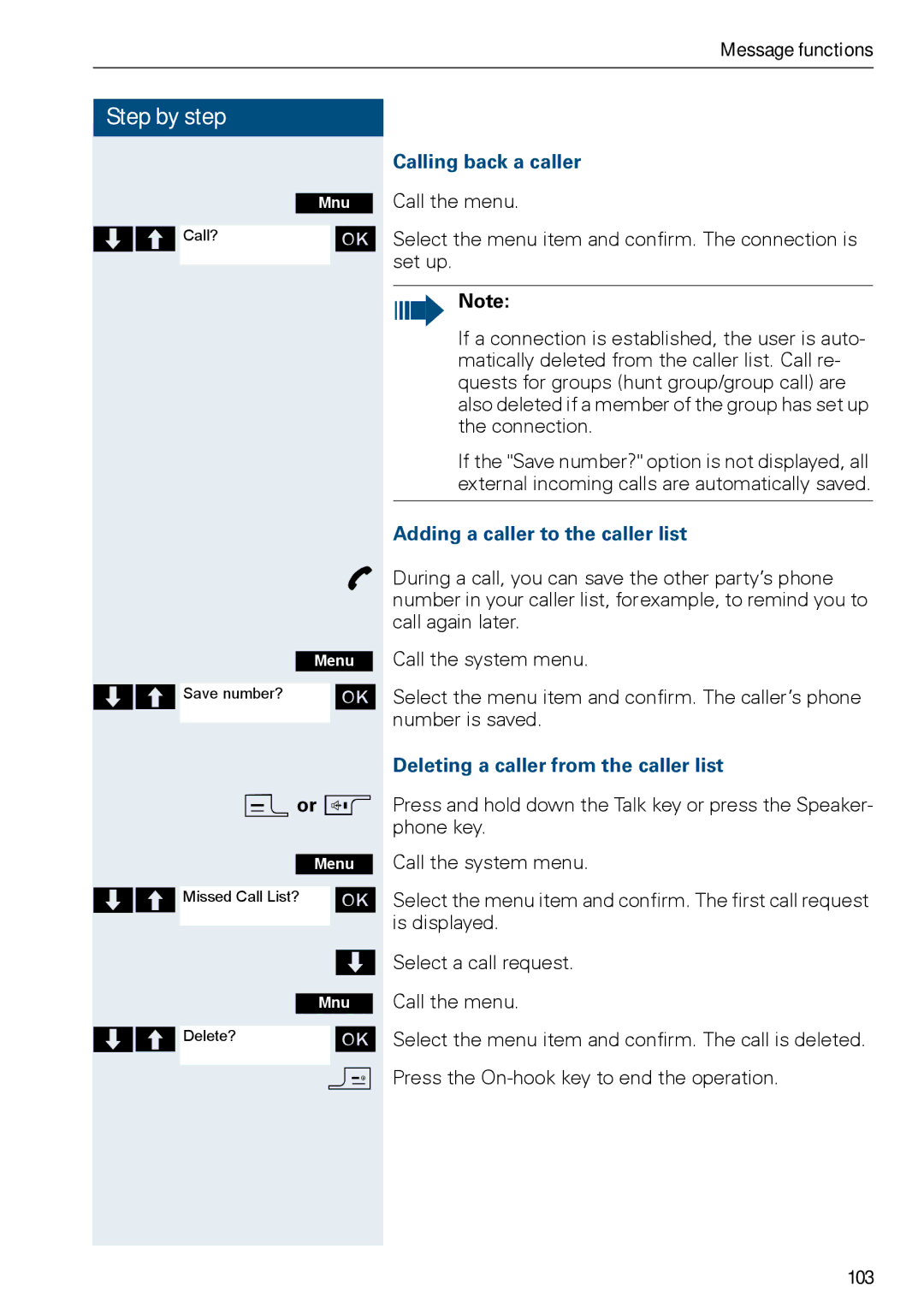 Siemens HiPath 500 Calling back a caller, Adding a caller to the caller list, Deleting a caller from the caller list, 103 