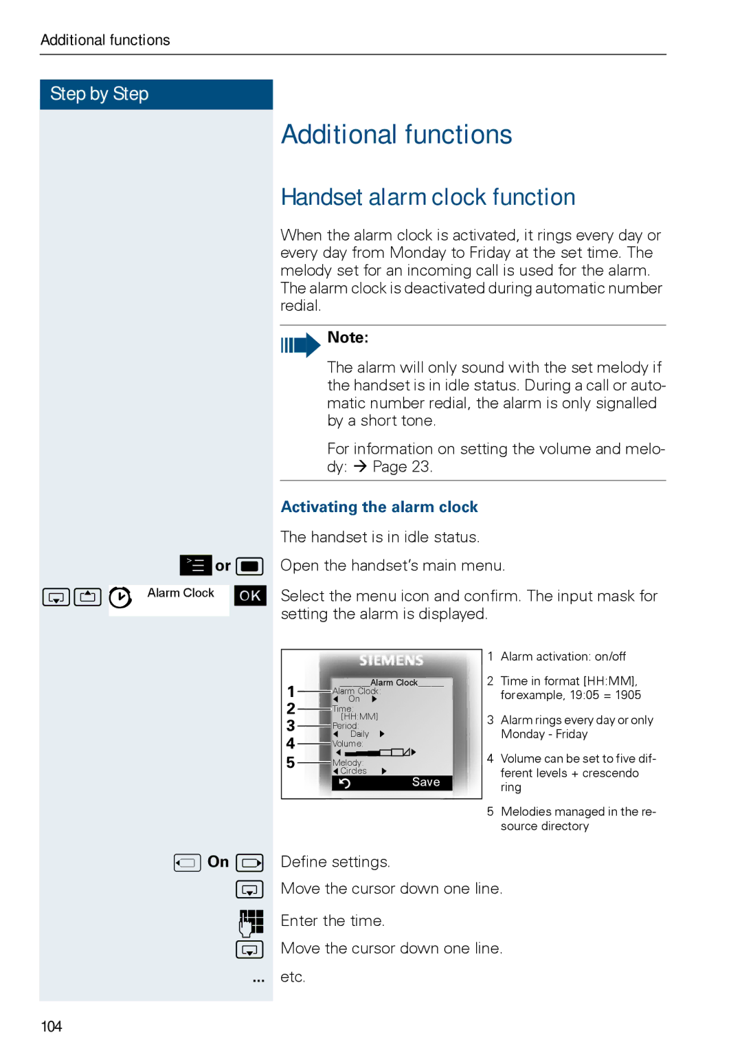 Siemens HIPATH 3000, HiPath 500 Additional functions, Handset alarm clock function, Activating the alarm clock 