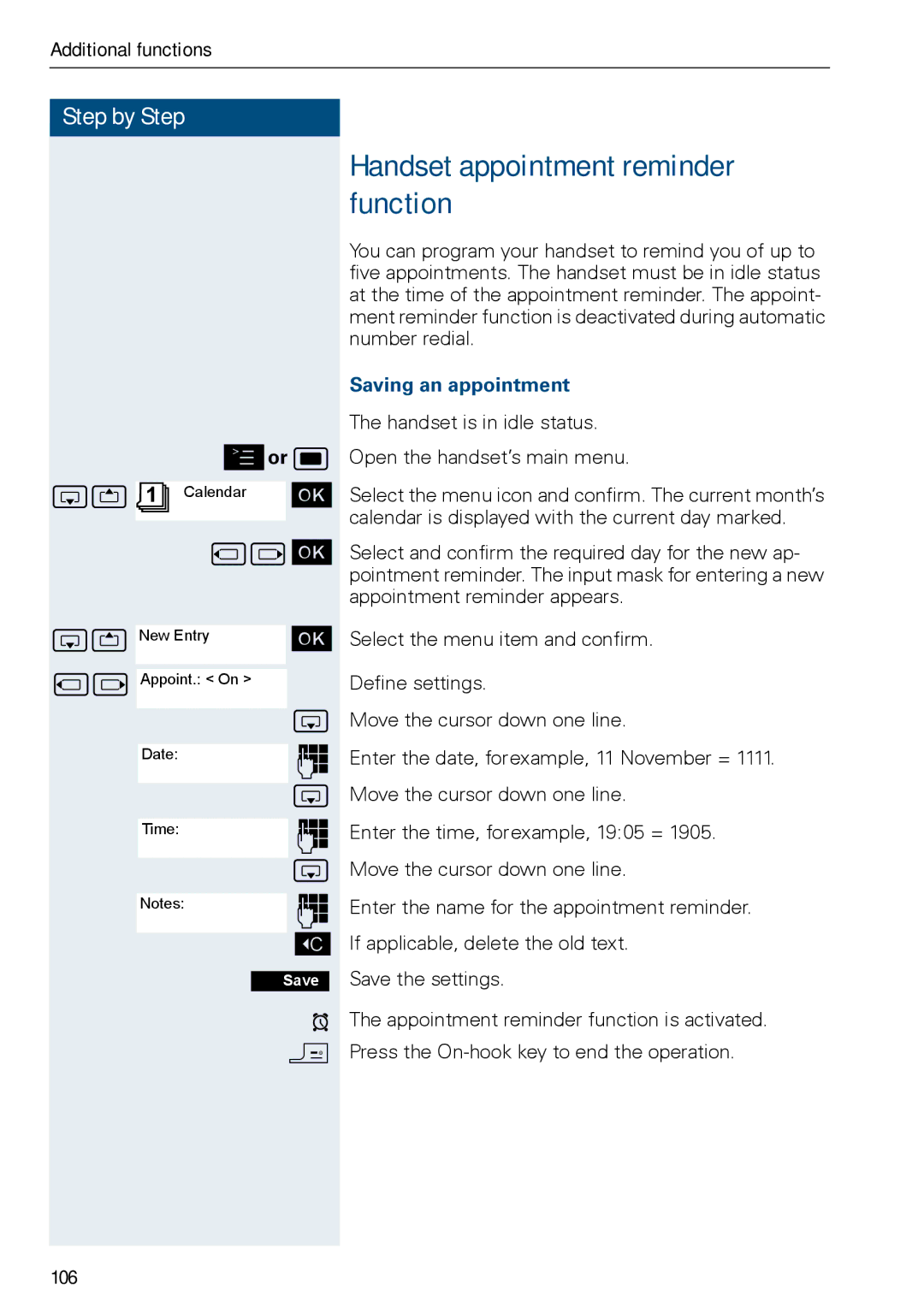 Siemens HIPATH 3000, HiPath 500 operating instructions Handset appointment reminder function, Saving an appointment, 106 