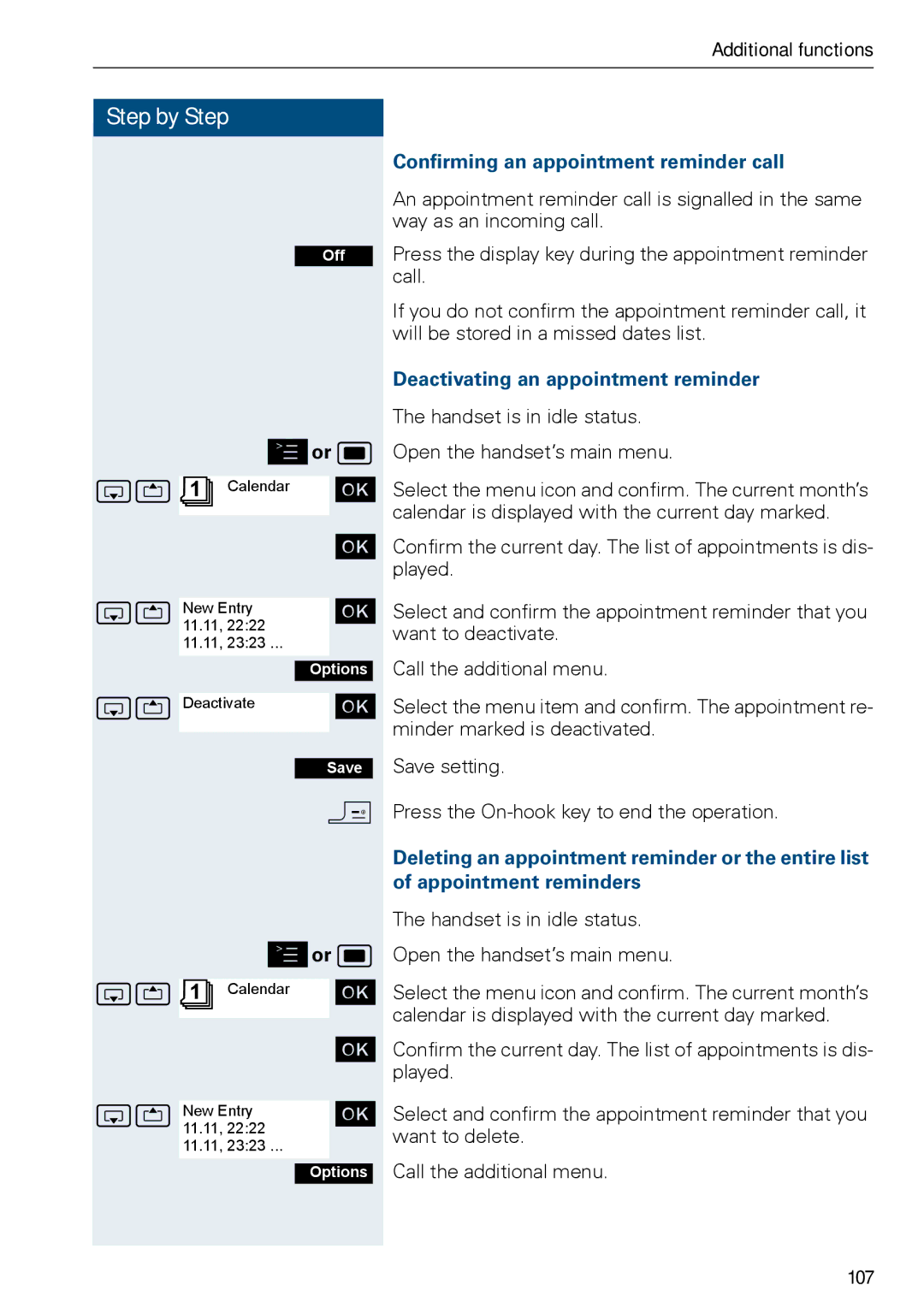 Siemens HiPath 500, HIPATH 3000 Confirming an appointment reminder call, Deactivating an appointment reminder, 107 