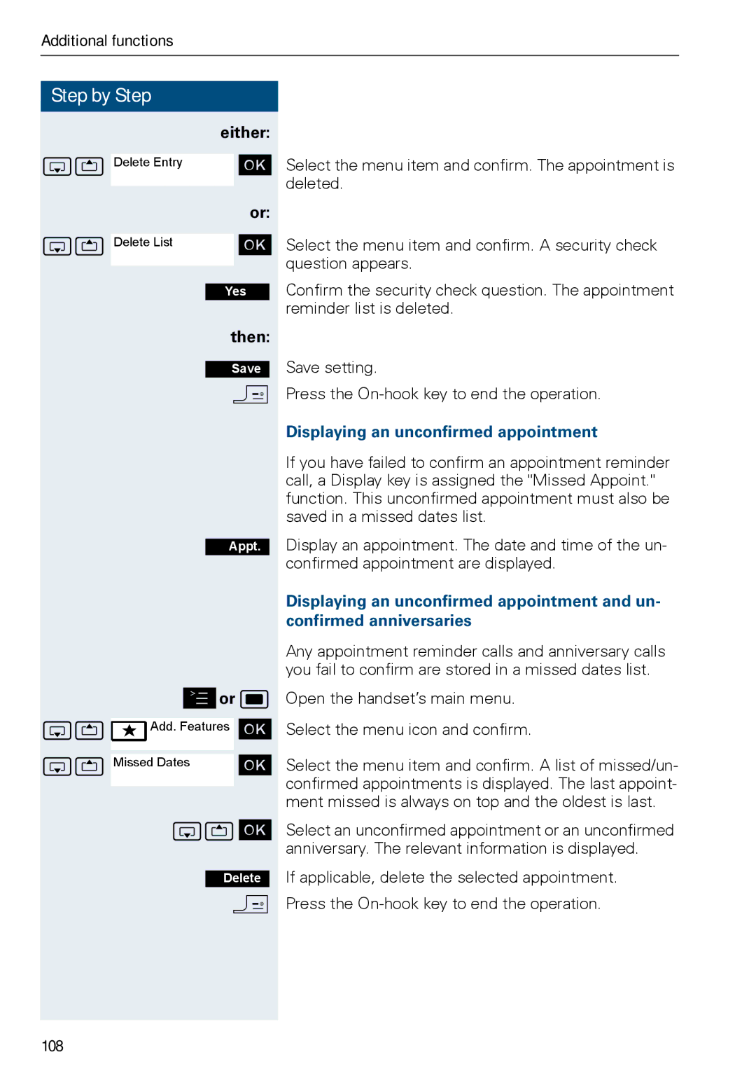 Siemens HIPATH 3000, HiPath 500 operating instructions Displaying an unconfirmed appointment, 108 