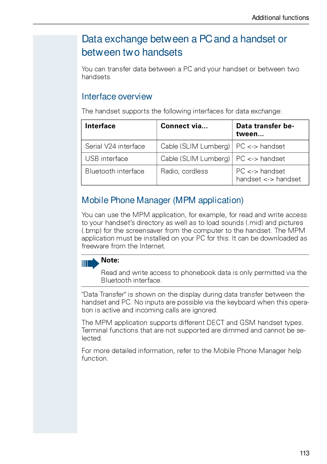 Siemens HiPath 500 Interface overview, Mobile Phone Manager MPM application, Interface Connect via Data transfer be Tween 