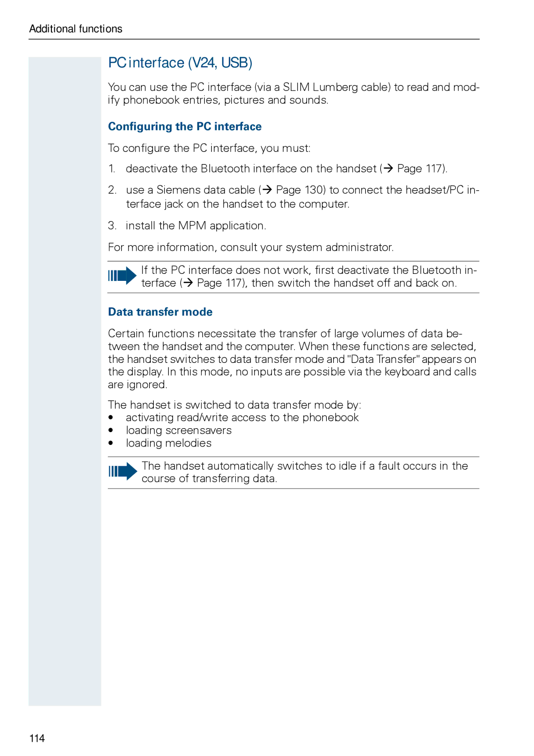 Siemens HIPATH 3000, HiPath 500 PC interface V24, USB, Configuring the PC interface, Data transfer mode, 114 